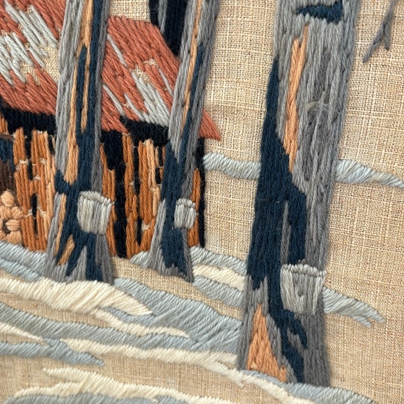 Vintage crewel sugar shack and maple trees, rustic frame, 12.5 x 23 inches - Picture 4 of 7